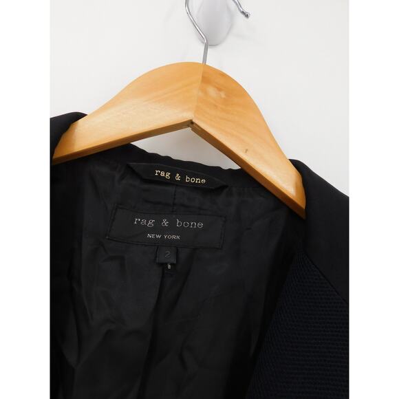 Rag & Bone Women's Navy Blue Black Cotton Trim One Button Blazer Jacket Size 2 - Picture 3 of 7